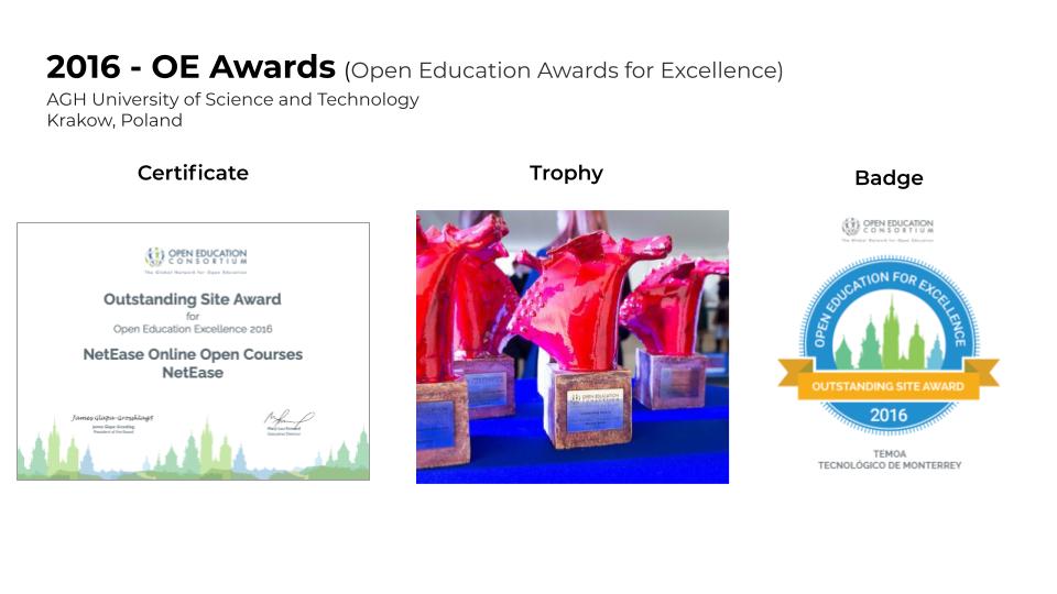 Trophy, Certificate and Badge Open Education Award 2016